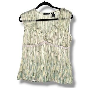 Axcess Sleeveless Sheer Blouse Top Size 10 Green‎ Blue Cream Lace Trim Retro